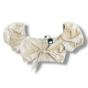 Gianni Bini NWT Woven Beau Crop Top Puff Sleeve Womens Size S in Khaki‎